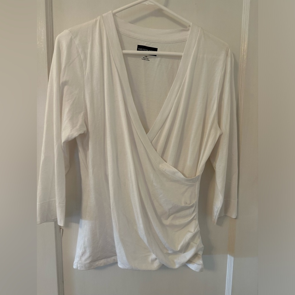 SAKS FIFTH AVE White 3/4 Sleeve Cotton Wrap Shirt L